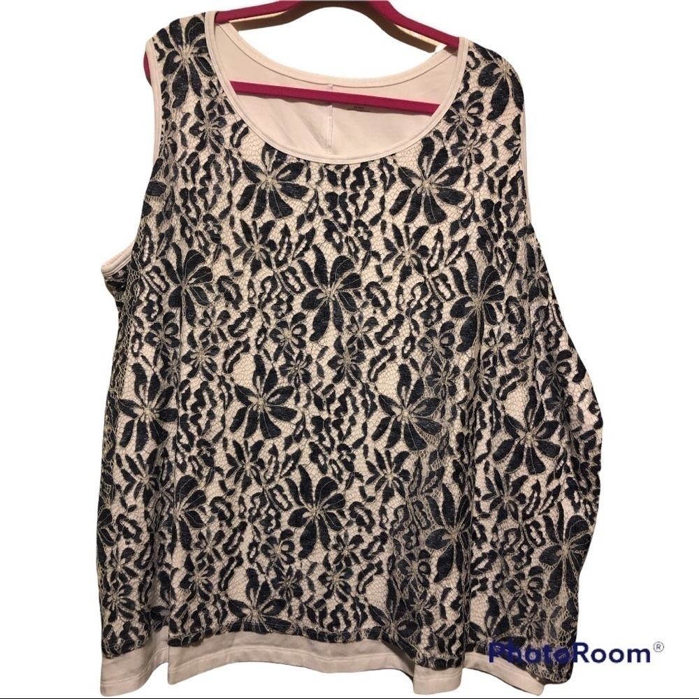 Catherine’s tank top with blue lace overlay